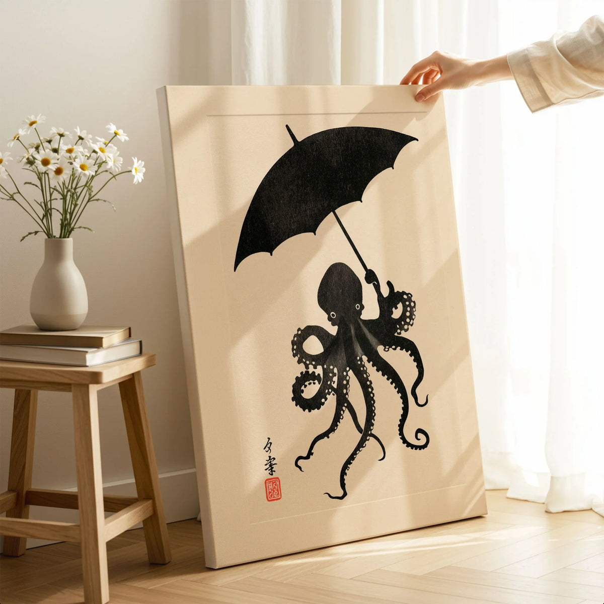 Octopus Umbrella Wall Art – Black Japanese Woodblock Print — canvas print mirror edge hand holding room setting
