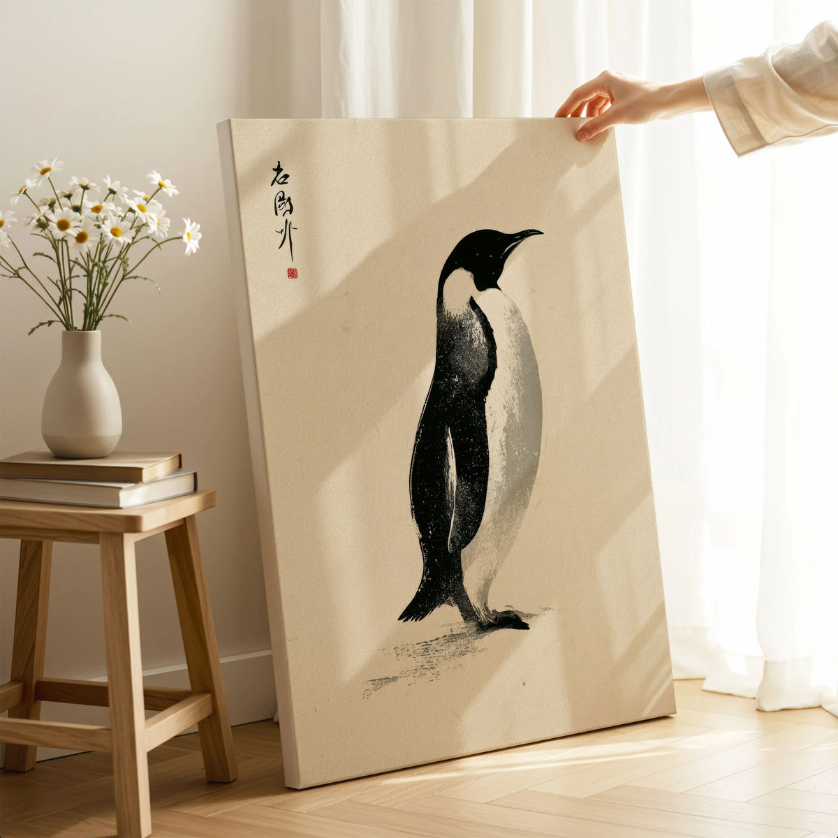 Penguin Art Print – Japanese Ink Wall Art — canvas print mirror edge hand holding room setting