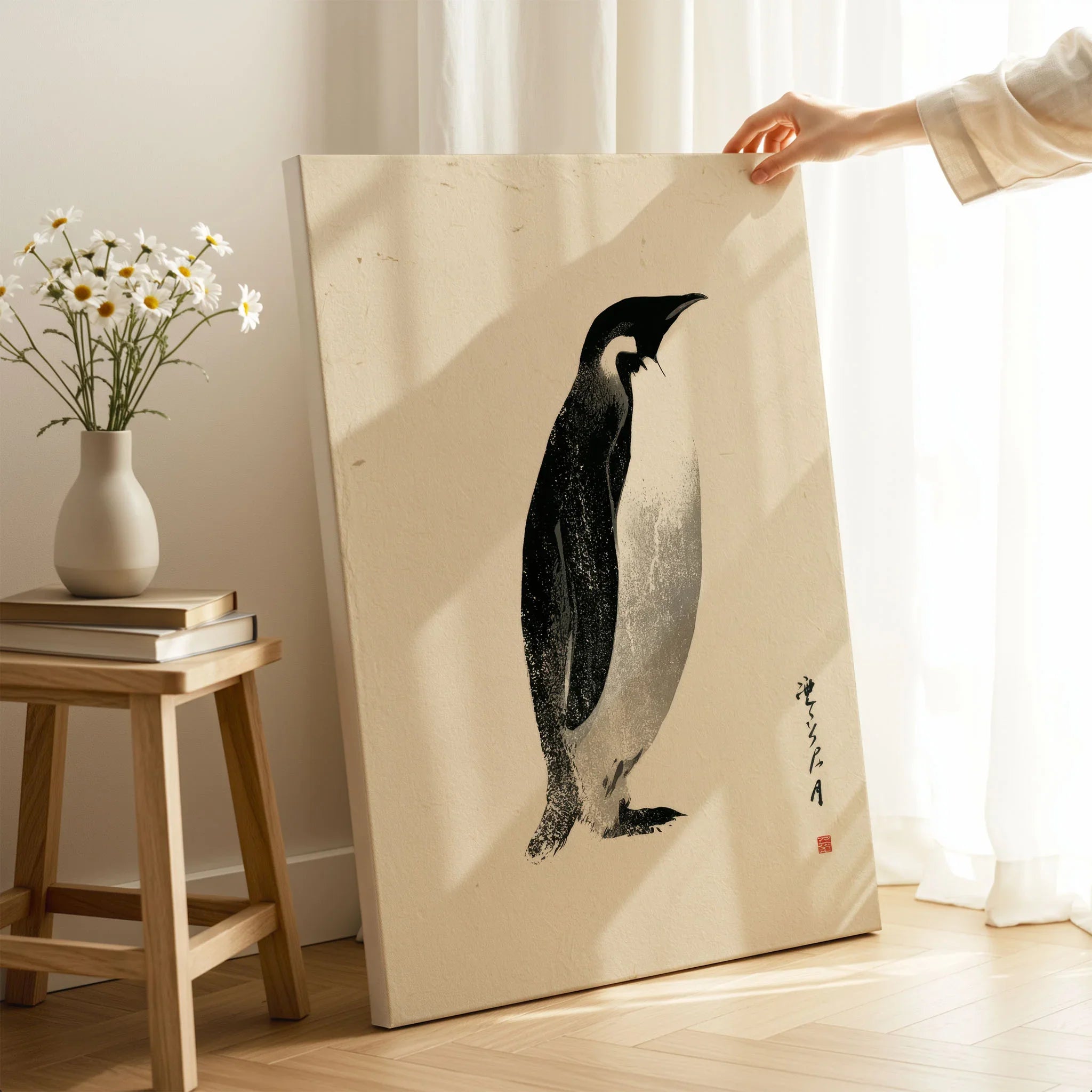 Emperor Penguin Wall Art – Vintage Japanese Ink Print — canvas print mirror edge hand holding room setting