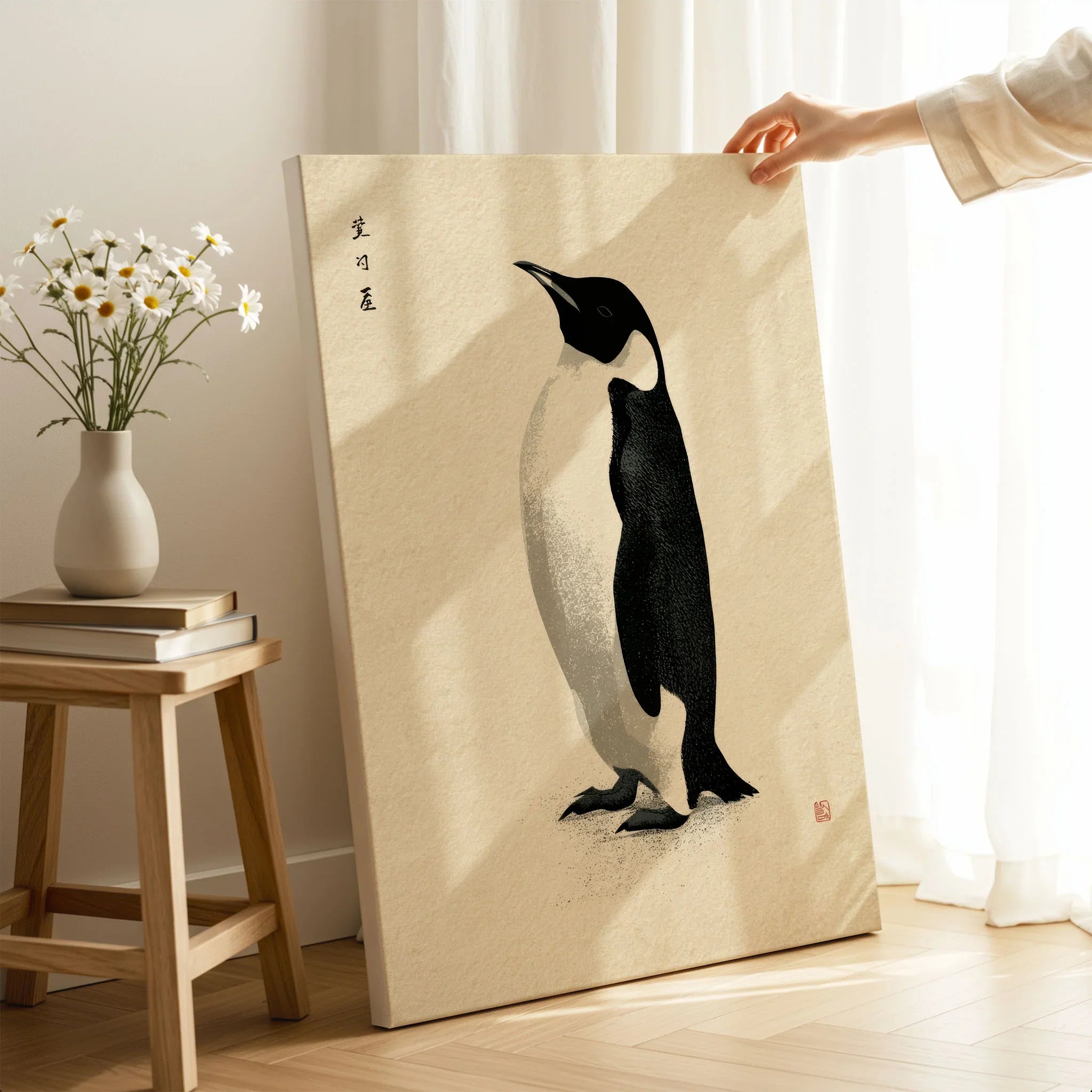 Penguin Wall Art – Minimalist Japanese Ink Art Print — canvas print mirror edge hand holding room setting