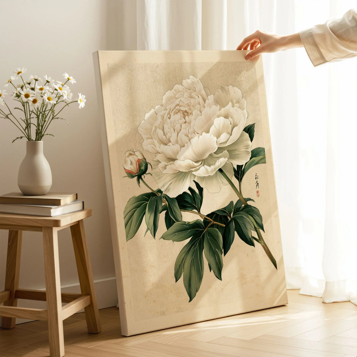 White Peony Art Print – Vintage Japanese Botanical Wall Art — canvas print mirror edge hand holding room setting