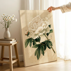 White Peony Art Print – Vintage Japanese Botanical Wall Art — canvas print mirror edge hand holding room setting