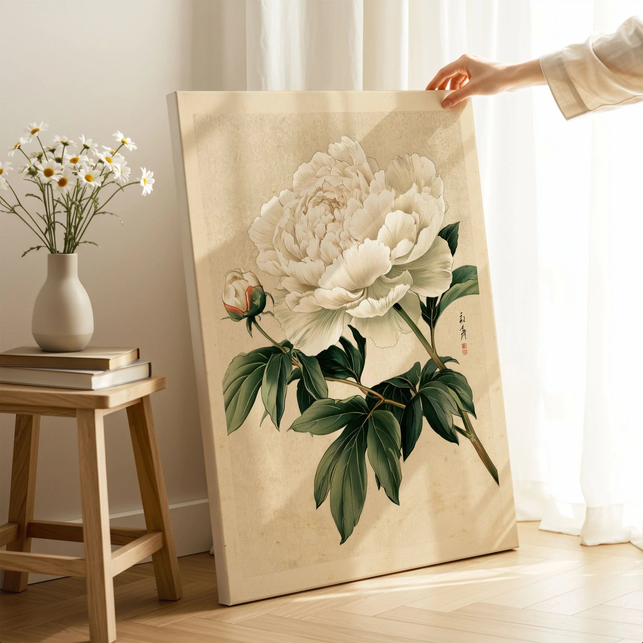 White Peony Art Print – Vintage Japanese Botanical Wall Art — canvas print mirror edge hand holding room setting