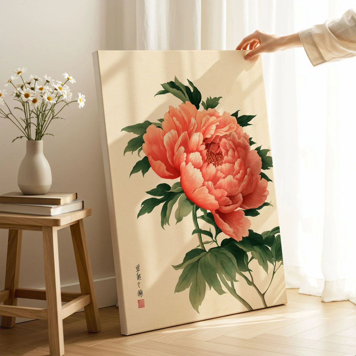 Coral Peony Art Print – Japanese Botanical Wall Art — canvas print mirror edge hand holding room setting