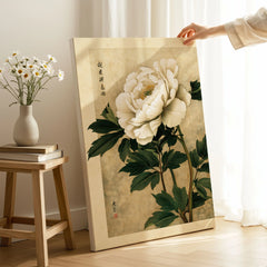 Peony Wall Art – Vintage Japanese Flower Print — canvas print mirror edge hand holding room setting