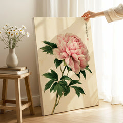 Pink Peony Art Print – Japanese Botanical Wall Art — canvas print mirror edge hand holding room setting
