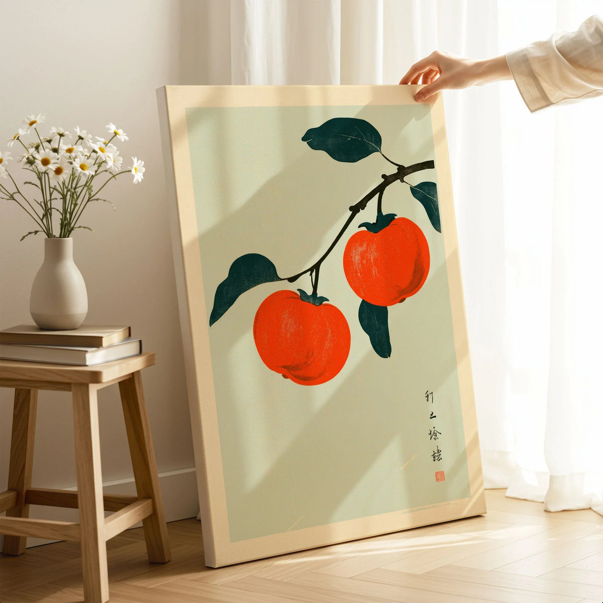 Persimmon Wall Art – Vintage Japanese Fruit Print — canvas print mirror edge hand holding room setting