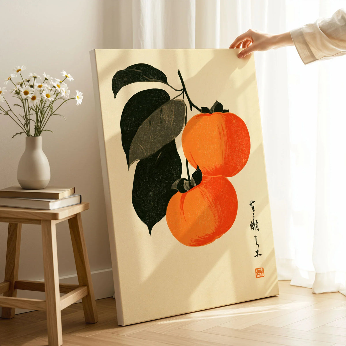 Japanese Persimmon Art Print – Vintage Fruit Wall Art — canvas print mirror edge hand holding room setting