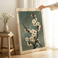White Plum Blossom Art Print – Japanese Botanical Wall Art — canvas print mirror edge hand holding room setting