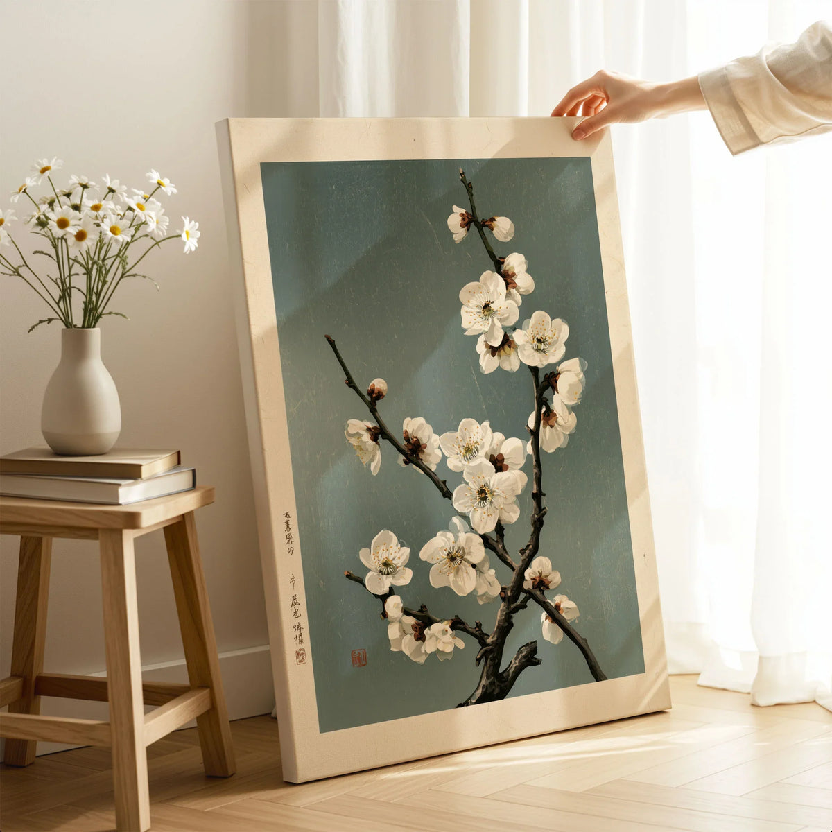 White Plum Blossom Art Print – Japanese Botanical Wall Art — canvas print mirror edge hand holding room setting