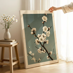 Plum Blossom Wall Art – Vintage Japanese Botanical Print — canvas print mirror edge hand holding room setting