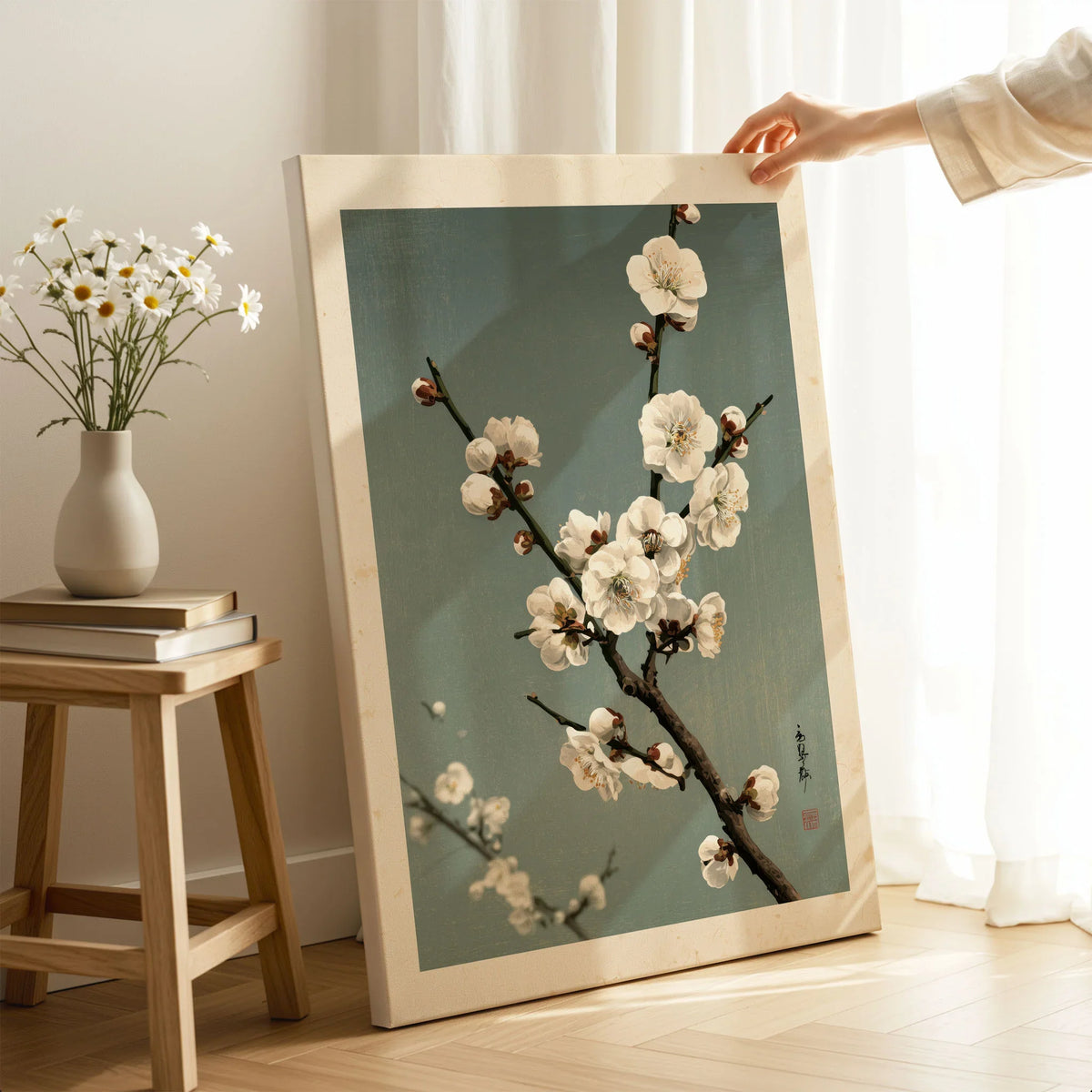 Plum Blossom Wall Art – Vintage Japanese Botanical Print — canvas print mirror edge hand holding room setting