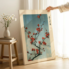 Red Plum Blossom Art Print – Blue Japanese Wall Art — canvas print mirror edge hand holding room setting