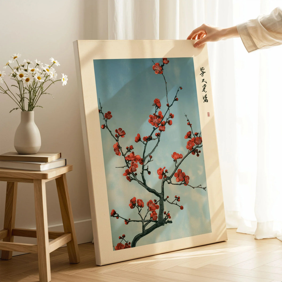 Red Plum Blossom Art Print – Blue Japanese Wall Art — canvas print mirror edge hand holding room setting