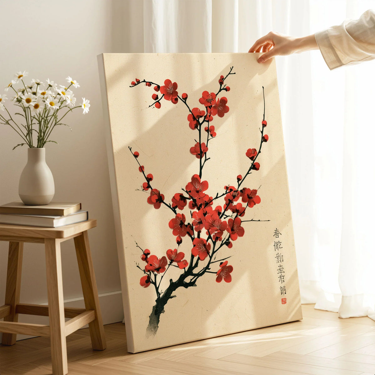 Red Blossom Art Print – Vintage Japanese Plum Wall Art — canvas print mirror edge hand holding room setting