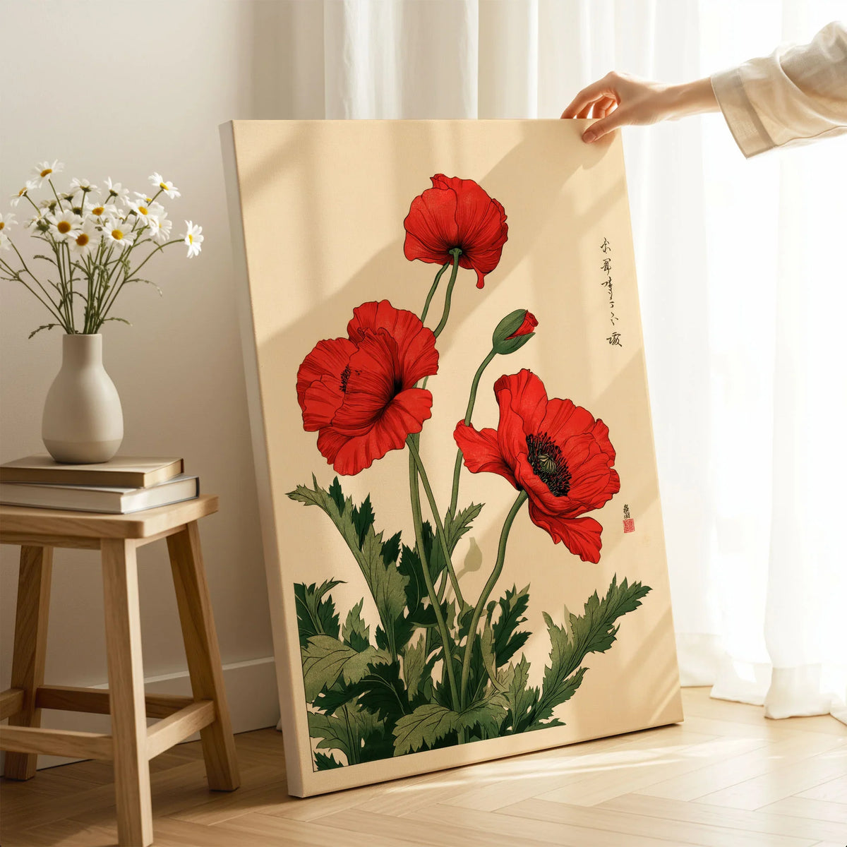 Red Poppy Art Print – Japanese Botanical Wall Art — canvas print mirror edge hand holding room setting