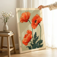 Orange Poppy Art Print – Vintage Japanese Floral Wall Art — canvas print mirror edge hand holding room setting
