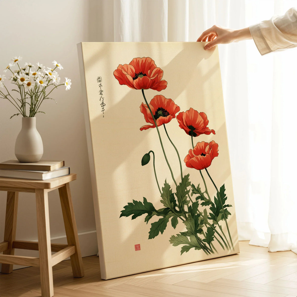 Poppy Wall Art – Vintage Japanese Botanical Print — canvas print mirror edge hand holding room setting