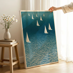Sailing Boats Art Print – Blue Japanese Coastal Wall Art — canvas print mirror edge hand holding room setting