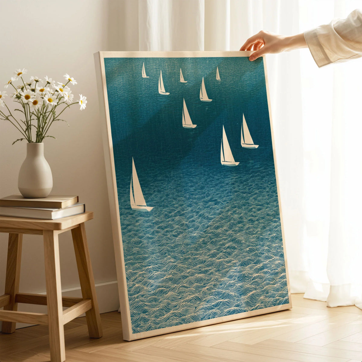 Sailing Boats Art Print – Blue Japanese Coastal Wall Art — canvas print mirror edge hand holding room setting