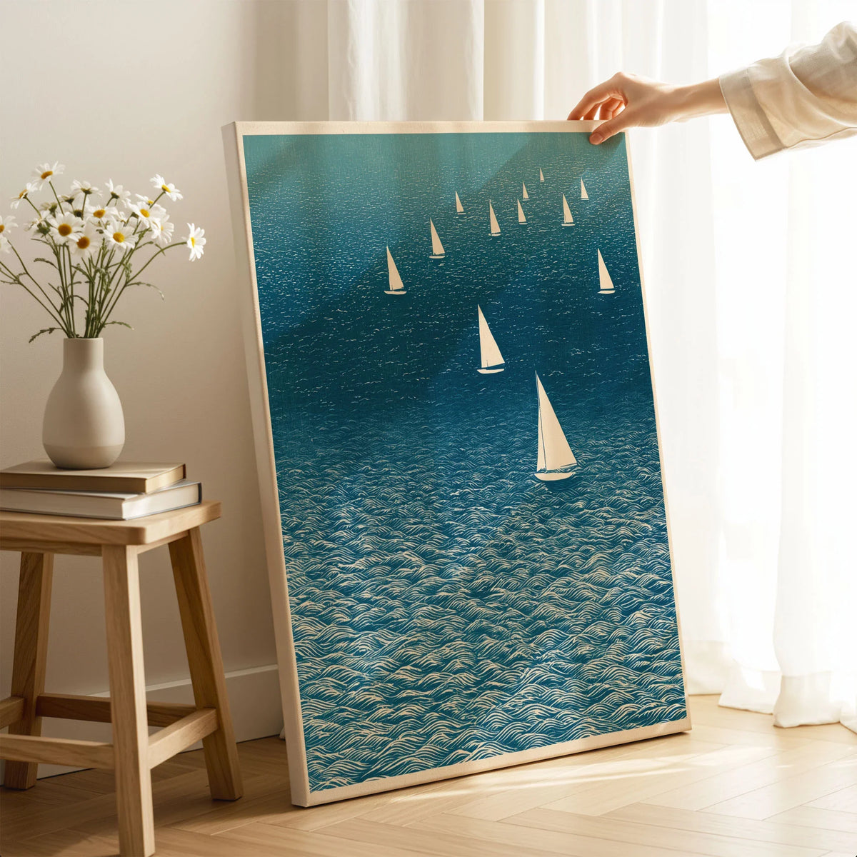 Sailboat Wall Art – Japanese Blue Ocean Print — canvas print mirror edge hand holding room setting