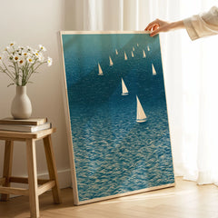 Sailboat Wall Art – Japanese Blue Ocean Print — canvas print mirror edge hand holding room setting