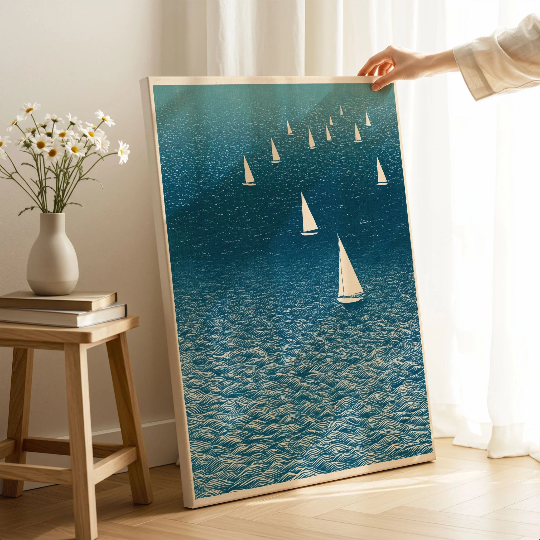 Sailboat Wall Art – Japanese Blue Ocean Print — canvas print mirror edge hand holding room setting