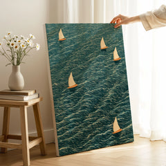 Sailing Boats Wall Art – Vintage Japanese Coastal Print — canvas print mirror edge hand holding room setting