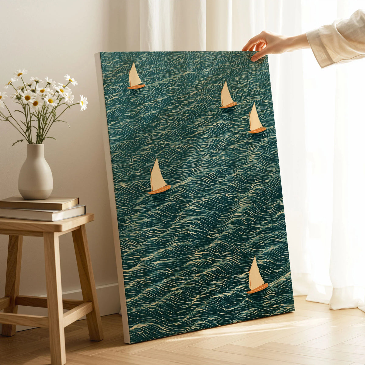 Sailing Boats Wall Art – Vintage Japanese Coastal Print — canvas print mirror edge hand holding room setting
