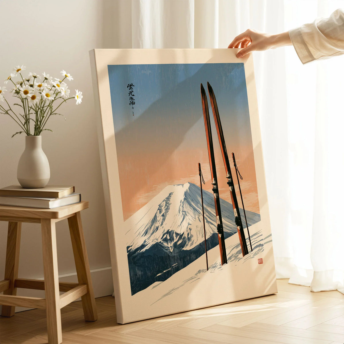 Vintage Ski Poster – Mount Fuji Japanese Alpine Wall Art — canvas print mirror edge hand holding room setting