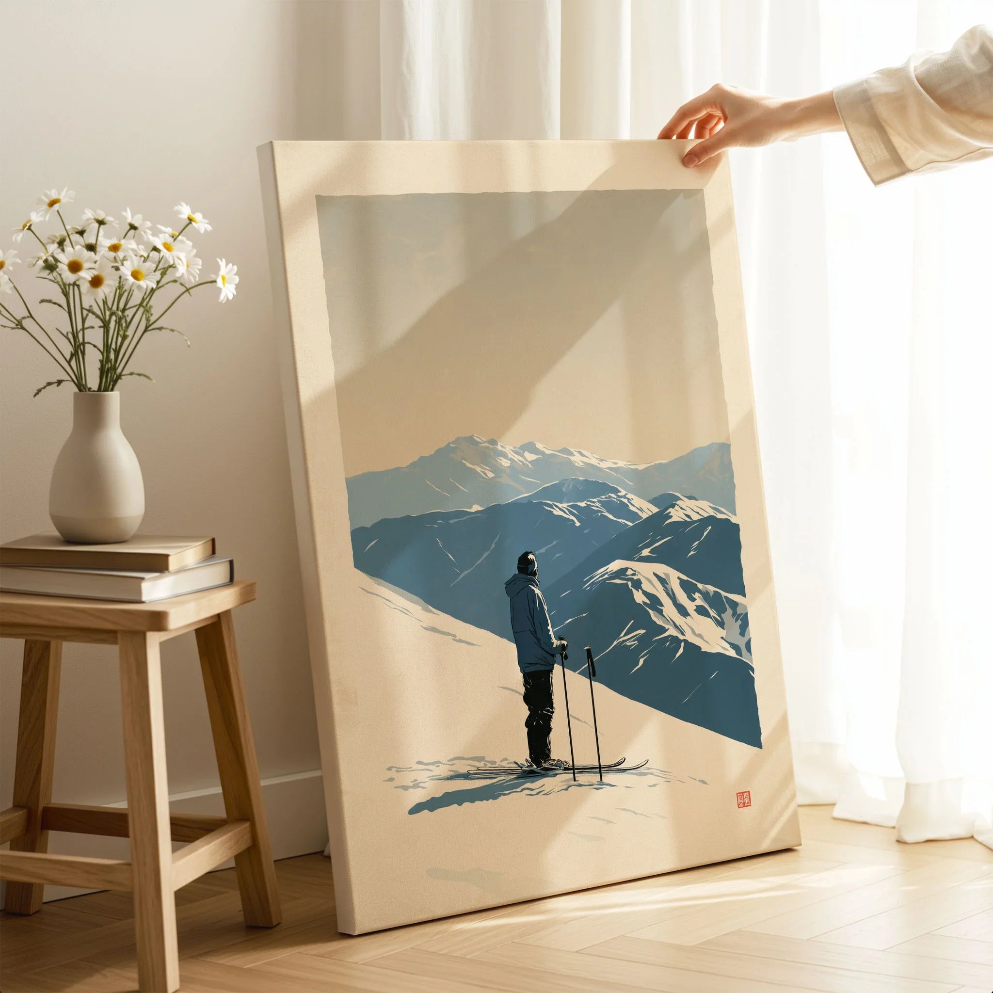 Ski Poster – Vintage Mountain Skier Wall Art — canvas print mirror edge hand holding room setting
