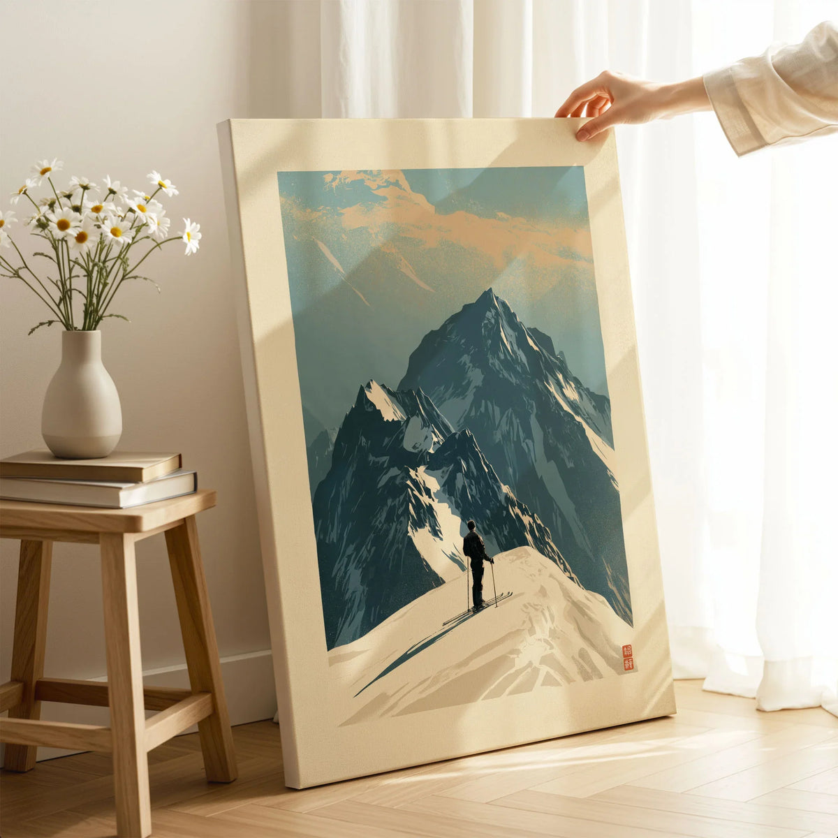 Ski Mountaineering Print – Vintage Alpine Summit Wall Art — canvas print mirror edge hand holding room setting