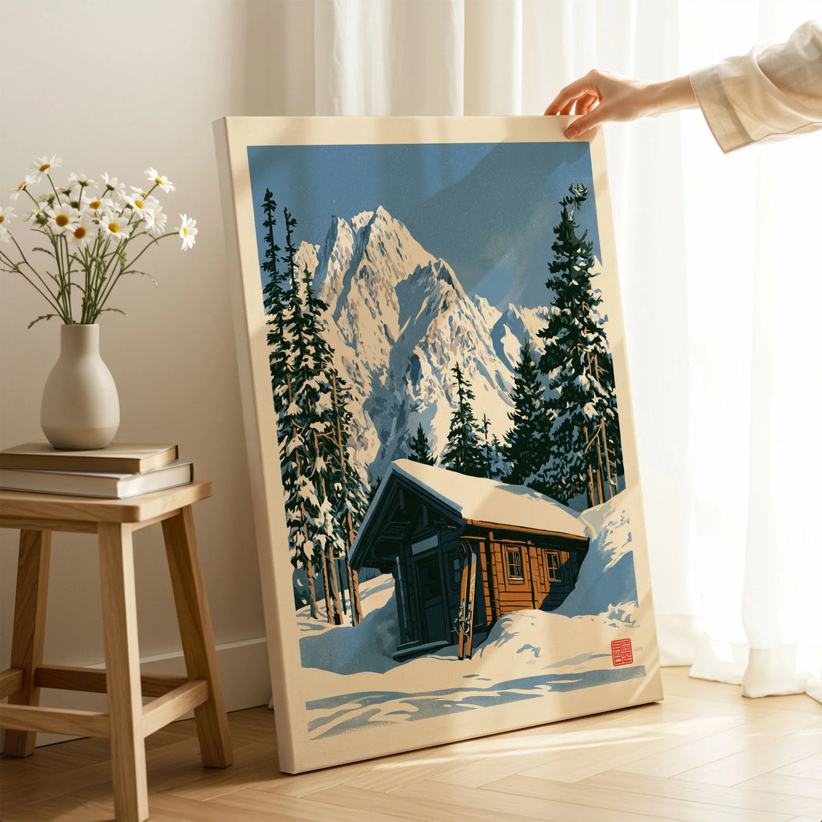 Ski Cabin Art Print – Vintage Alpine Chalet Wall Art — canvas print mirror edge hand holding room setting