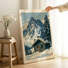 Ski Hut Poster – Vintage Alpine Cabin Wall Art — canvas print mirror edge hand holding room setting