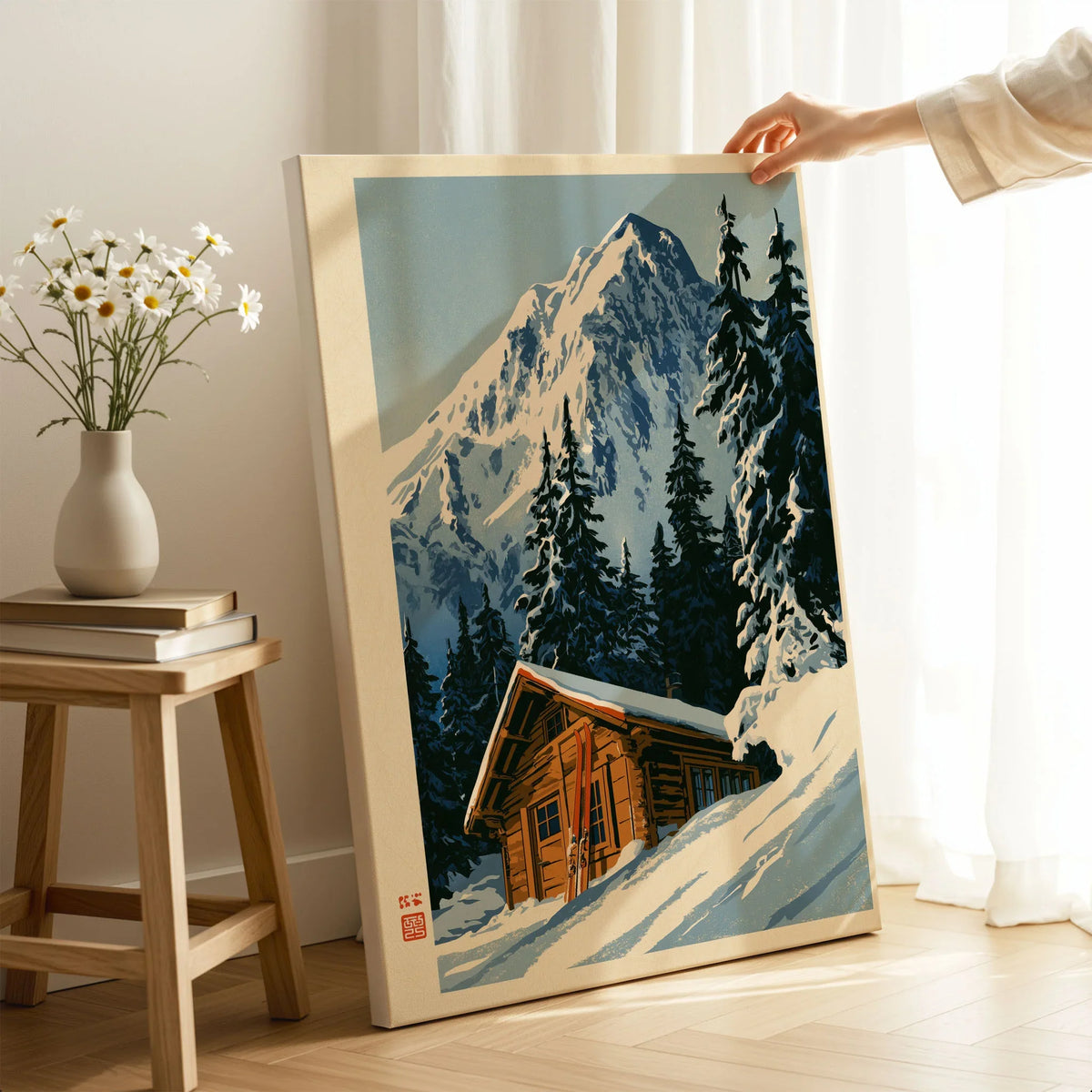 Log Cabin Ski Print – Vintage Alpine Lodge Wall Art — canvas print mirror edge hand holding room setting