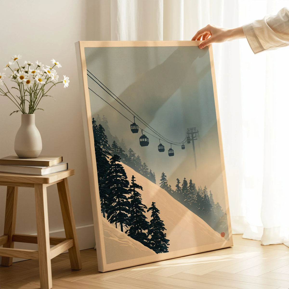 Misty Ski Lift Art Print – Vintage Alpine Gondola Wall Art — canvas print mirror edge hand holding room setting