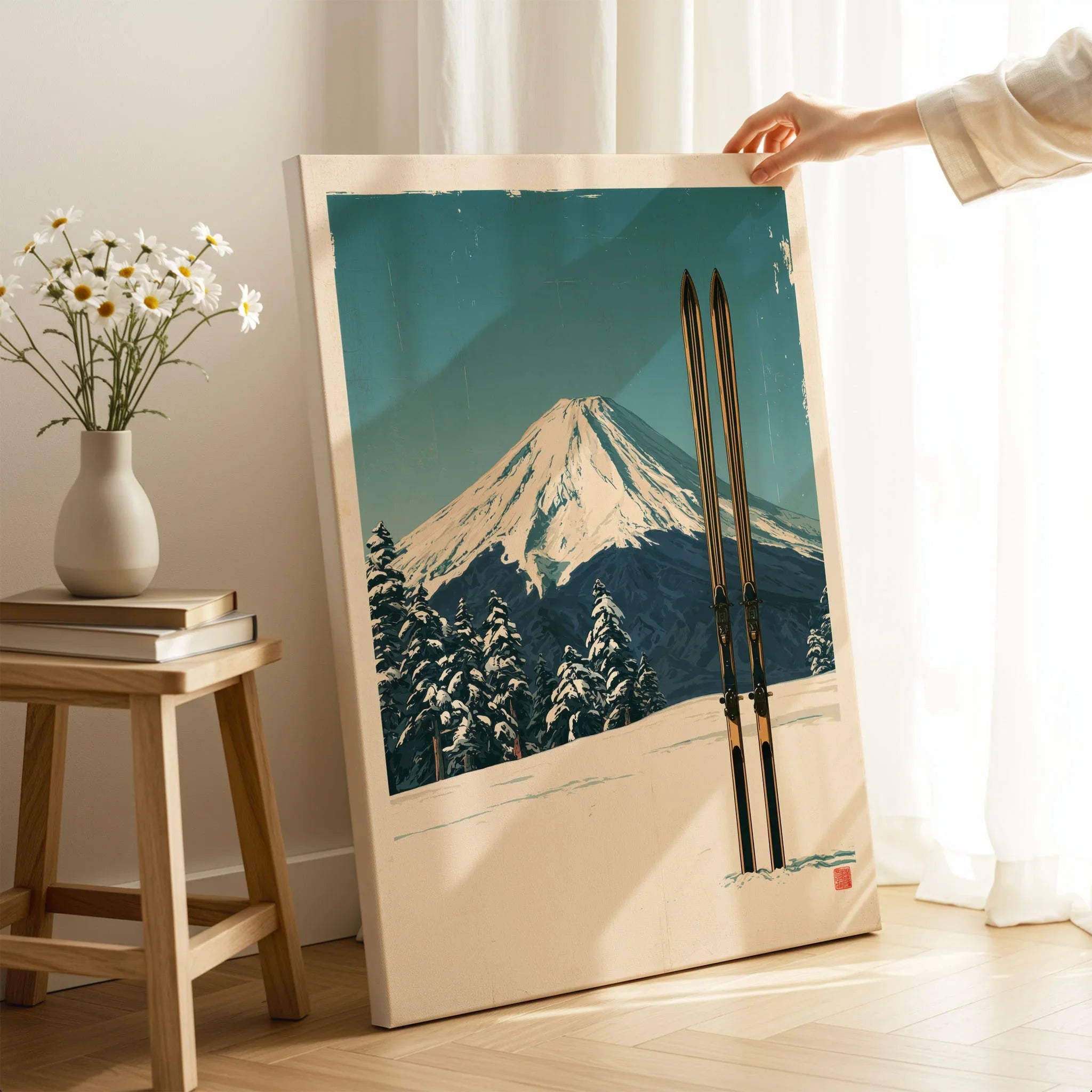 Mount Fuji Ski Poster – Vintage Japanese Alpine Print — canvas print mirror edge hand holding room setting