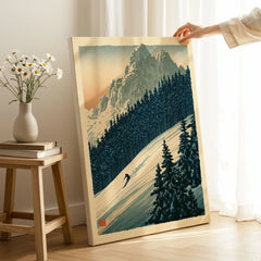 Alpine Ski Poster – Vintage Mountain Forest Wall Art — canvas print mirror edge hand holding room setting
