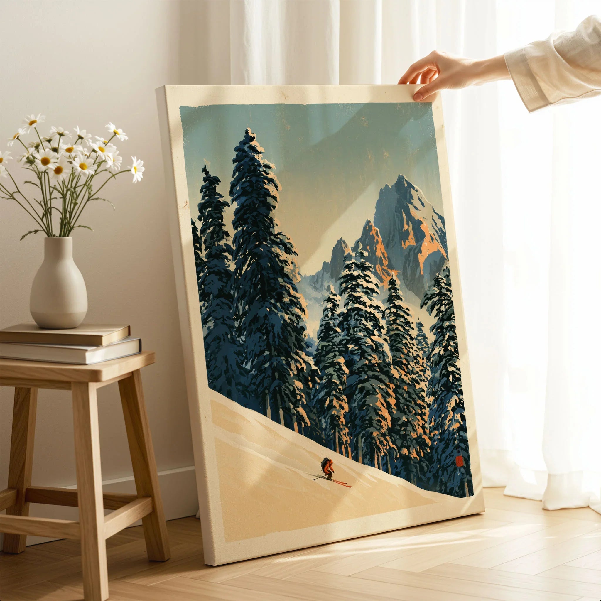 Ski Run Art Print – Vintage Alpine Forest Wall Art — canvas print mirror edge hand holding room setting