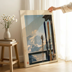Vintage Skis Art Print – Alpine Chalet Balcony Wall Art — canvas print mirror edge hand holding room setting