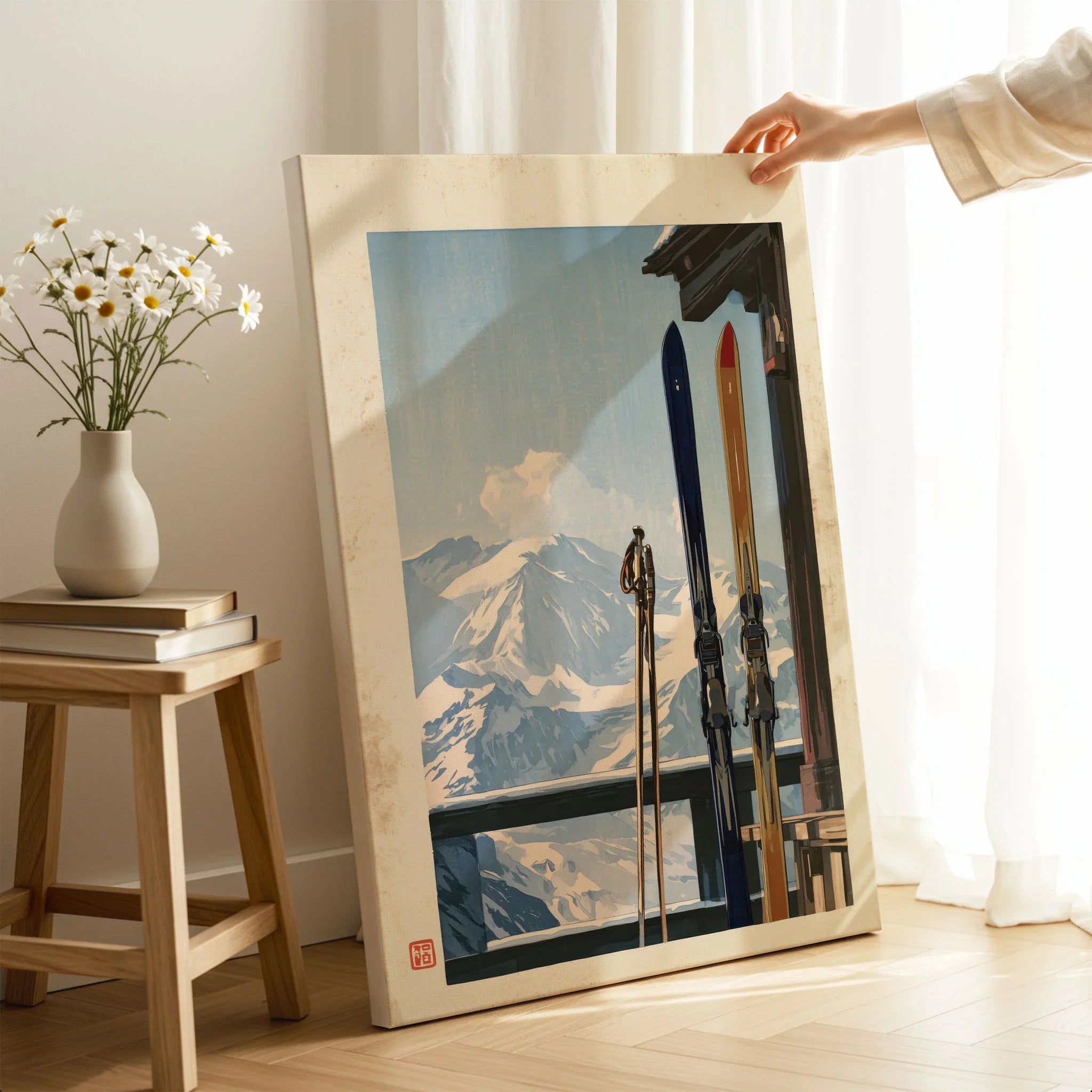 Vintage Skis Art Print – Alpine Chalet Balcony Wall Art — canvas print mirror edge hand holding room setting
