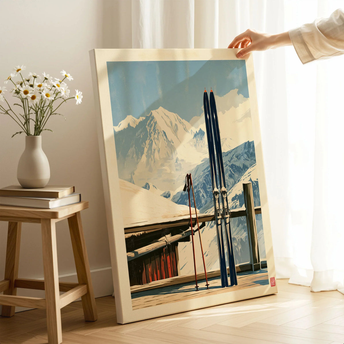 Retro Ski Poster – Vintage Skis Alpine Wall Art — canvas print mirror edge hand holding room setting