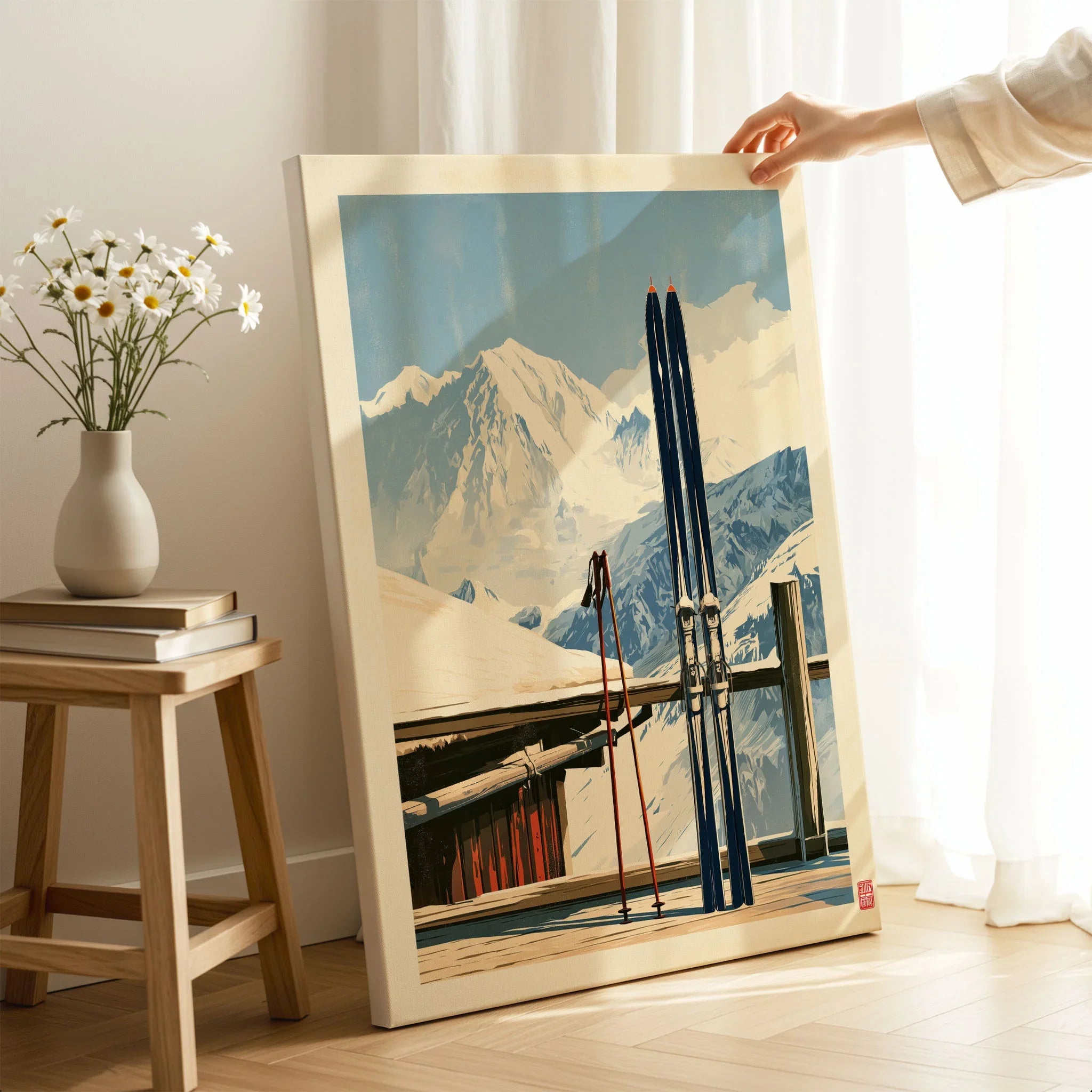 Retro Ski Poster – Vintage Skis Alpine Wall Art — canvas print mirror edge hand holding room setting
