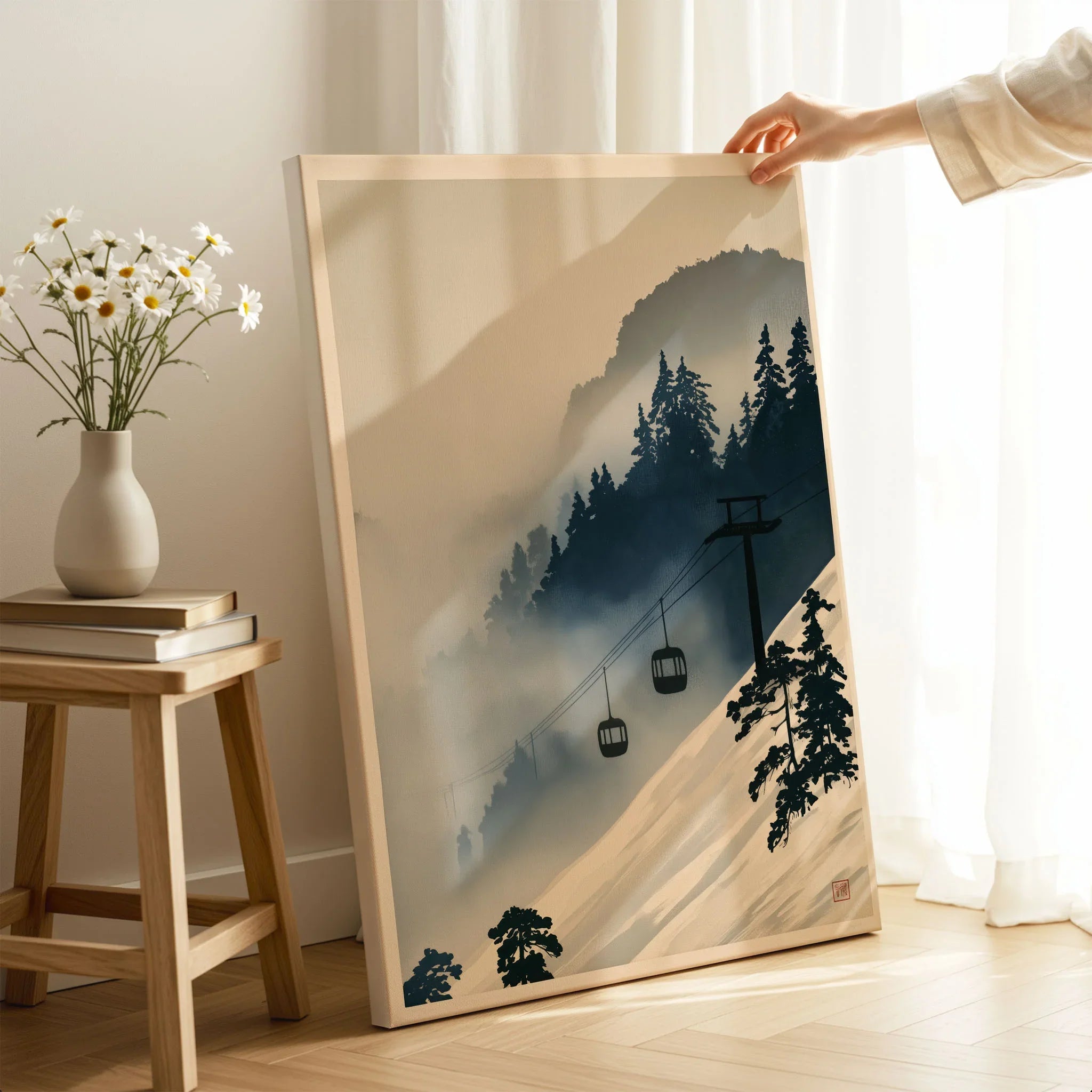 Ski Lift in Mist Print – Vintage Alpine Wall Art — canvas print mirror edge hand holding room setting