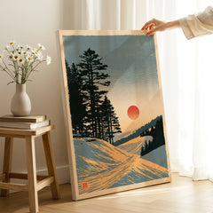Ski Sunset Poster – Vintage Japanese Alpine Wall Art — canvas print mirror edge hand holding room setting