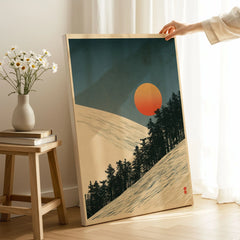 Ski Slope Art Print – Vintage Winter Sunset Wall Art — canvas print mirror edge hand holding room setting