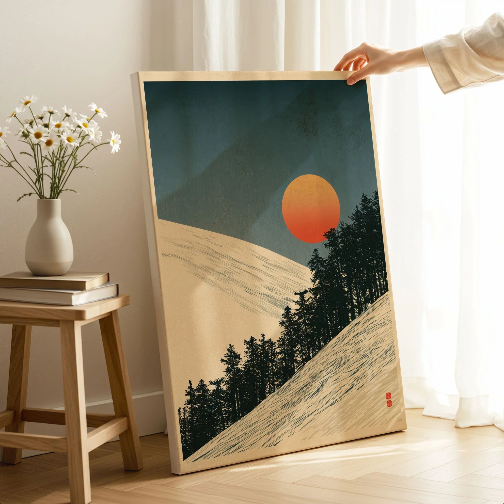 Ski Slope Art Print – Vintage Winter Sunset Wall Art — canvas print mirror edge hand holding room setting