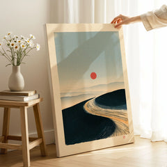 Minimalist Ski Poster – Japanese Red Sun Snow Wall Art — canvas print mirror edge hand holding room setting