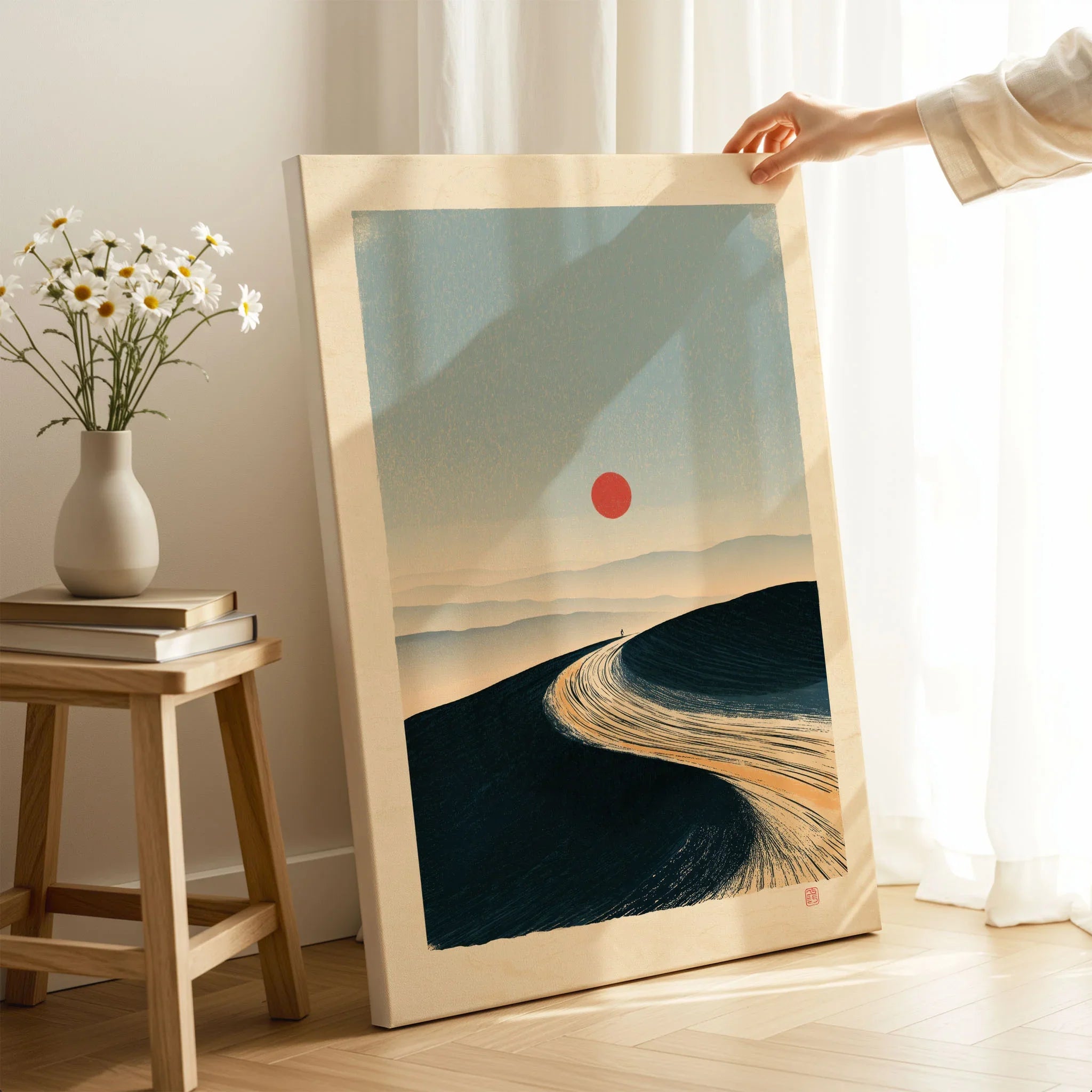 Minimalist Ski Poster – Japanese Red Sun Snow Wall Art — canvas print mirror edge hand holding room setting