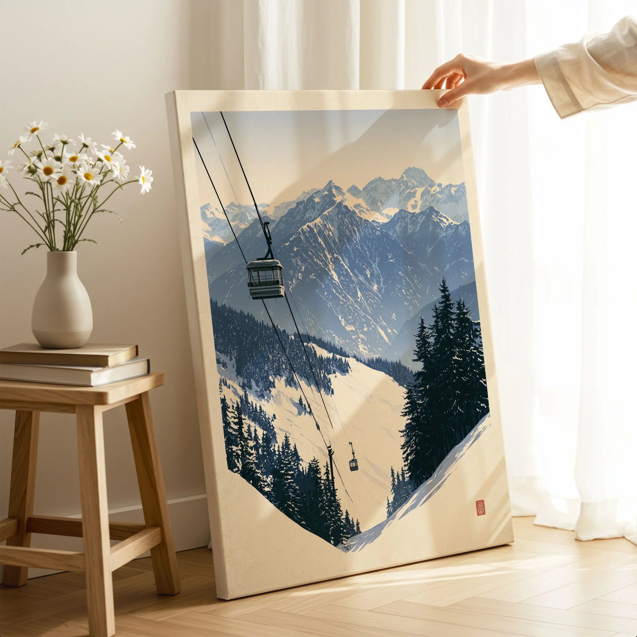 Ski Gondola Poster – Vintage Alpine Cable Car Wall Art — canvas print mirror edge hand holding room setting